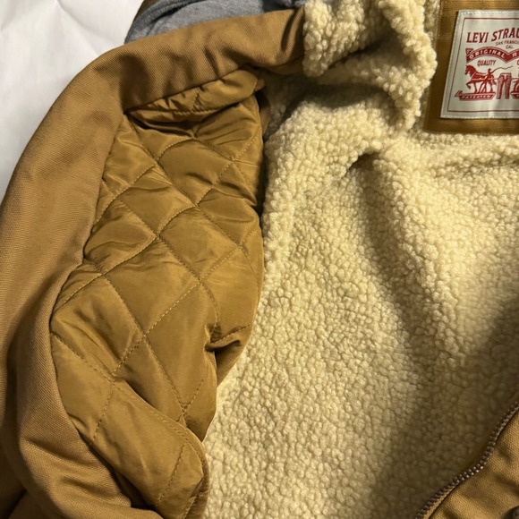 Levis Mens Brown Tan Sherpa Lined Hooded Work Barn Chore Jacket Utility Canvas L - Picture 4 of 9